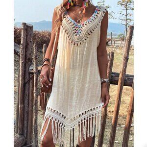 Boho Fringe Backless Swim Cover Up Resort Beach Crochet Style